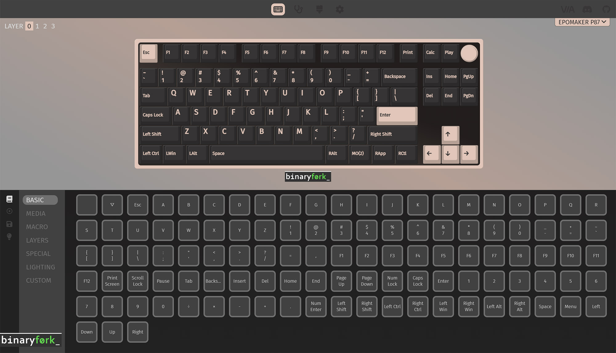 epomaker p87 keyboard via qmk customization software