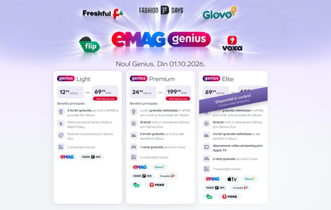 eMAG Genius are acum 3 versiuni: Light, Premium și Elite. Ce prețuri și beneficii au noile abonamente